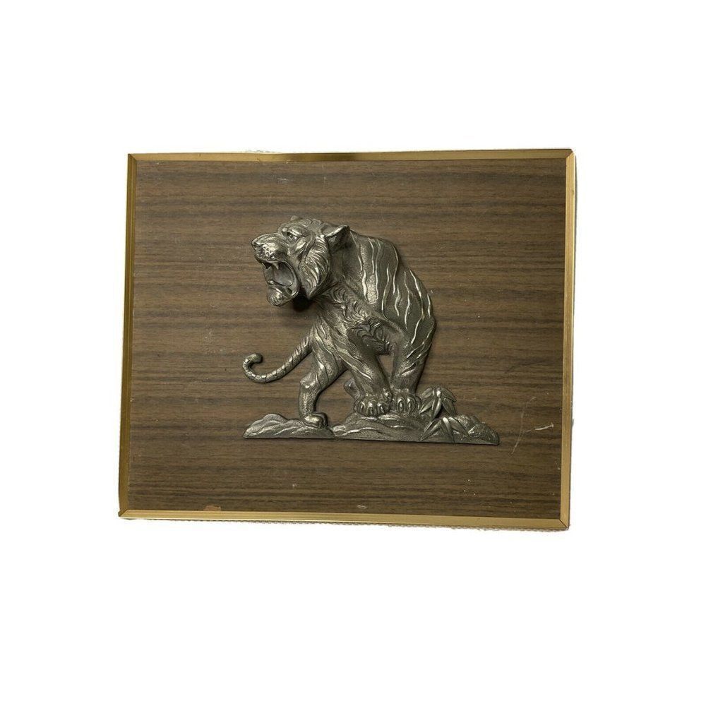 VINTAGE Pewter 3D Mounted Gold Tone Tiger on a fra